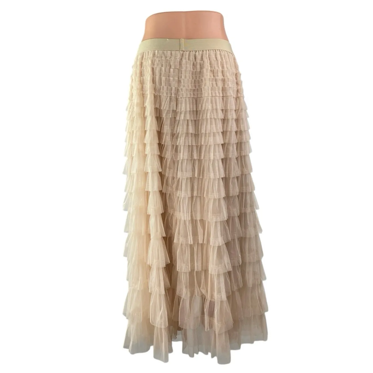 Women's Beige Tan Mesh Tulle High Rise Ruffle Tiered Layered Maxi A - Image 2