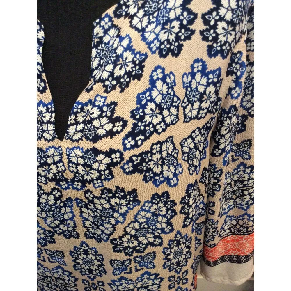 Violet + Claire Floral XL Tunic Top V Neck Blue Tan - Image 3