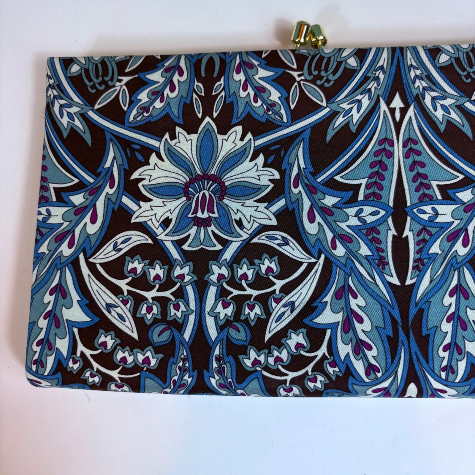 Y2K Vtg Banana Republic Floral Clutch Evening Bag Kiss Lock‎ Silk Brown Blue - Image 6