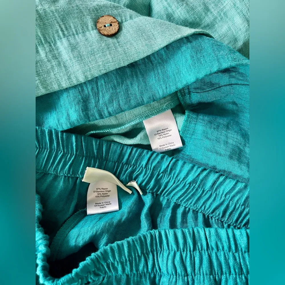 Vintage Norm Thompson Aqua/Turquoise, Buttons, Layered Lounge Set, Size M/L Blue Size M - Image 8