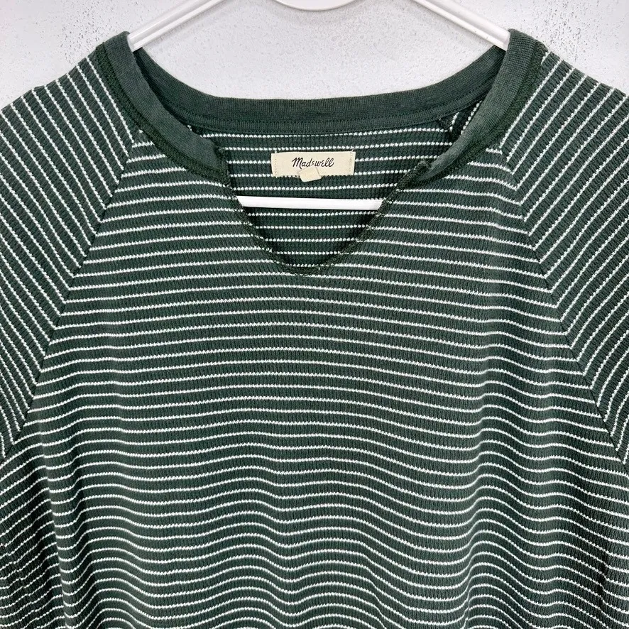 Madewell Splitneck Raglan-Sleeve Striped Henley V Neck Short Sleeve Shirt Green - Image 4