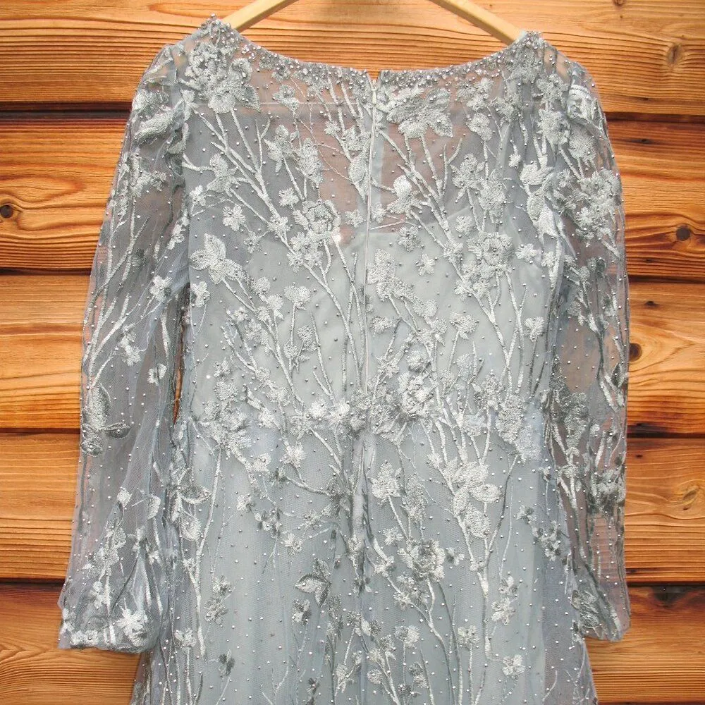 MAC DUGGAL 20512 Green V-Neck Mesh Puff Sleeve  Embellished Tea Length Dress - Image 12