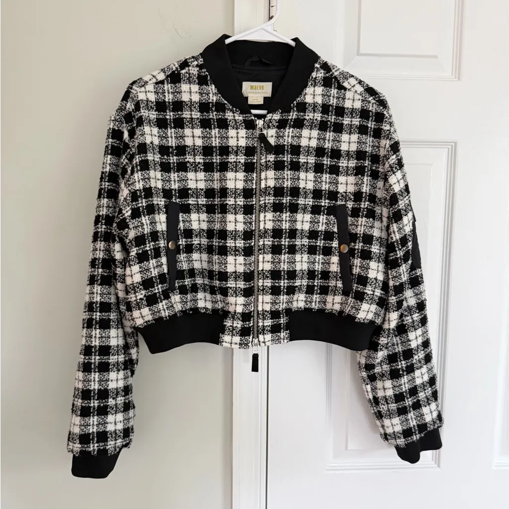 Anthropologie Maeve Plaid Tweed Bomber Jacket M Crop Black White Academia Boho - Image 2