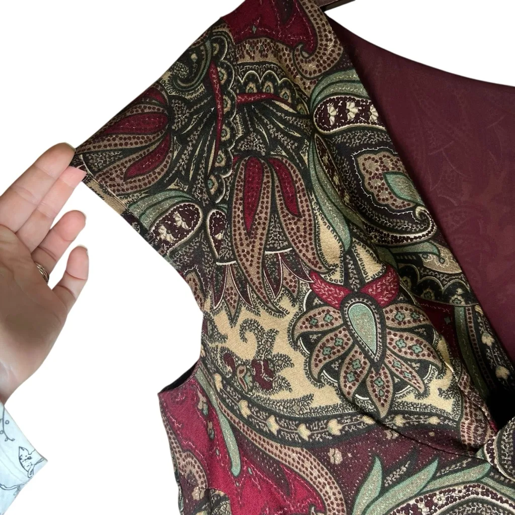 LOFT Paisley Boho Long Dress Cap Sleeve Size 16 Wool Blend Lined Surplice Modest - Image 11