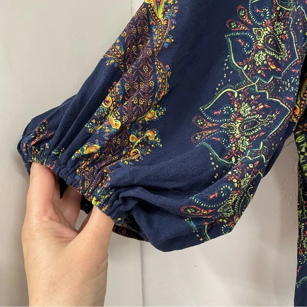 Free People Blue & Green Floral Paisley Balloon Sleeve Tunic Mini Dress XS - Image 6