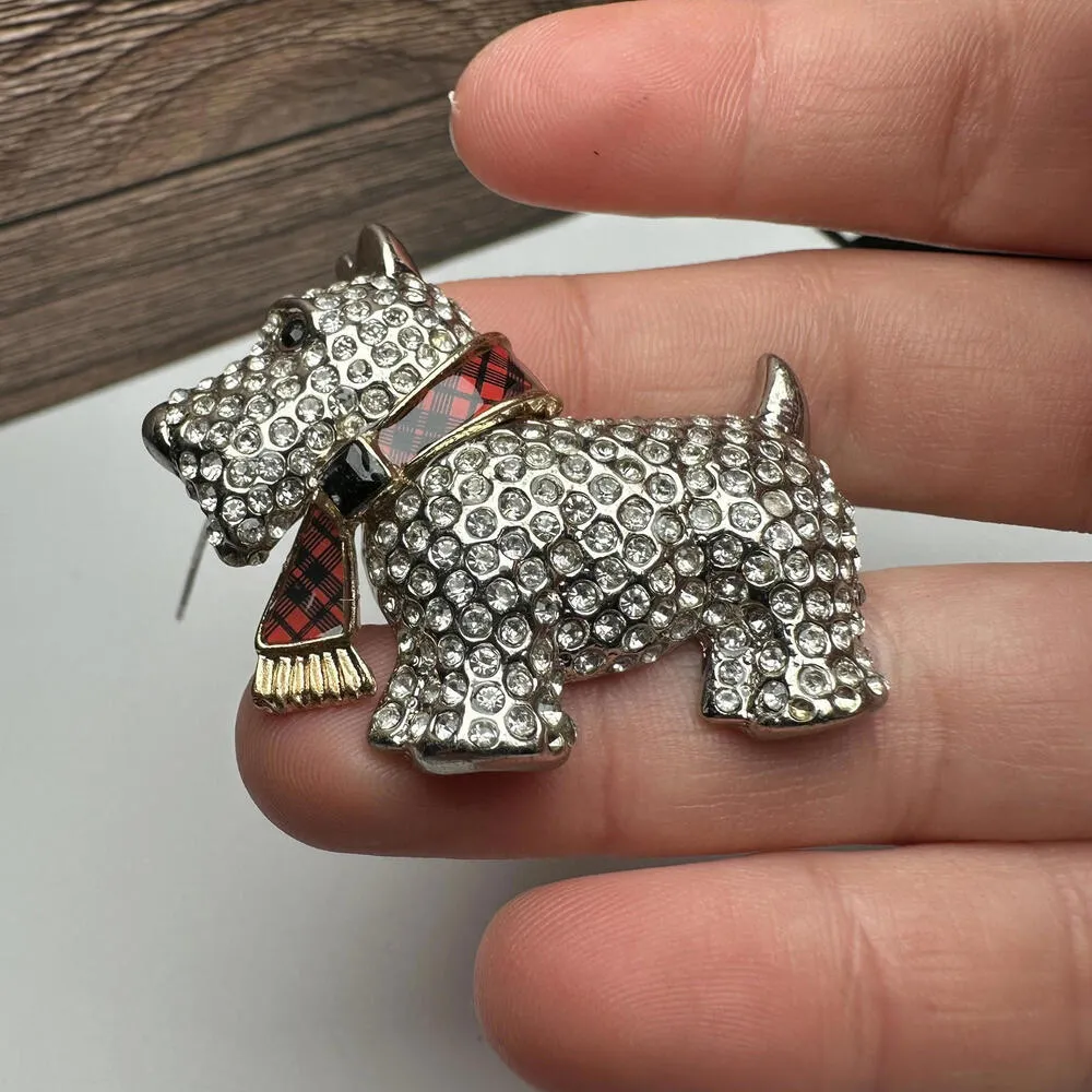Rhinestone Scottish Terrier Dog Scottie Brooch Pin Two Tone Enamel Plaid Scarf - Image 4