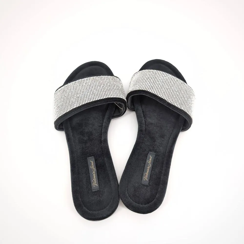 Victoria's Secret Rhinestone Embellished Black Velvet Slippers Slides Size M GUC - Image 13