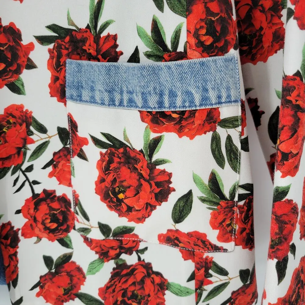 Alice + Olivia Womens Verna Floral Jacket XS-P White Red Rose Denim Lined Blazer - Image 11