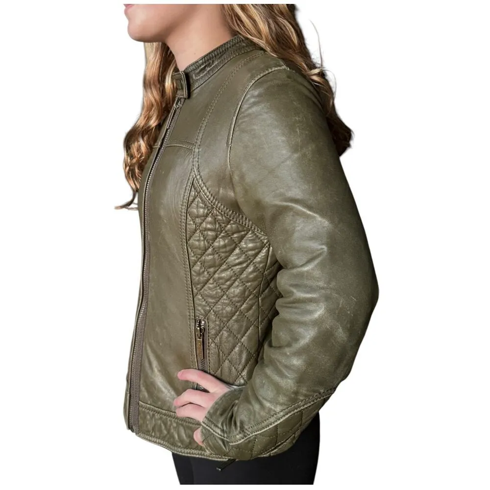 Michael Kors Green Leather Biker Moto Jacket quilted pattern size Small - Image 7