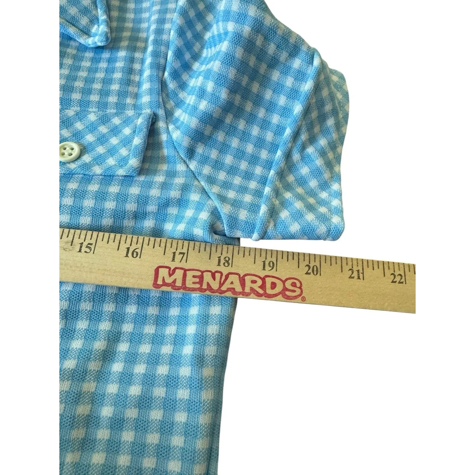 Vintage 1970s ZIO by Youngja Blue Gingham Short Sleeve Button Shirt Top Sz 9/10 - Image 5
