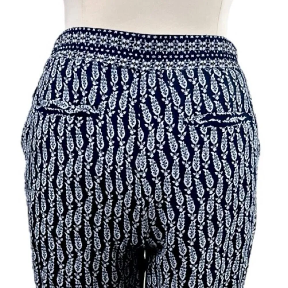 LOFT Pants Pull On Slim Fit Tie Ankles Navy White Print Women’s Plus Size 16 - Image 6