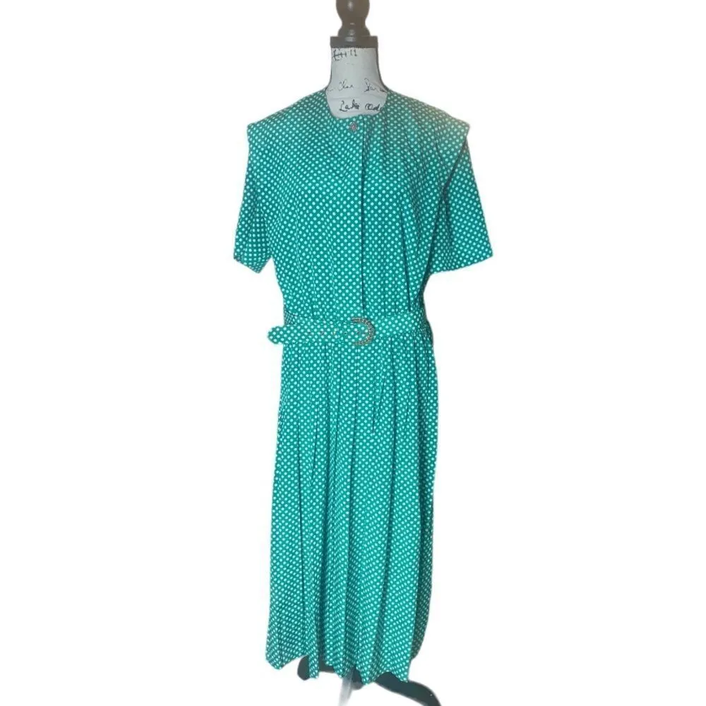 Leslie Fay Dresses SZ 16 Vintage green and white belted dress - Image 3