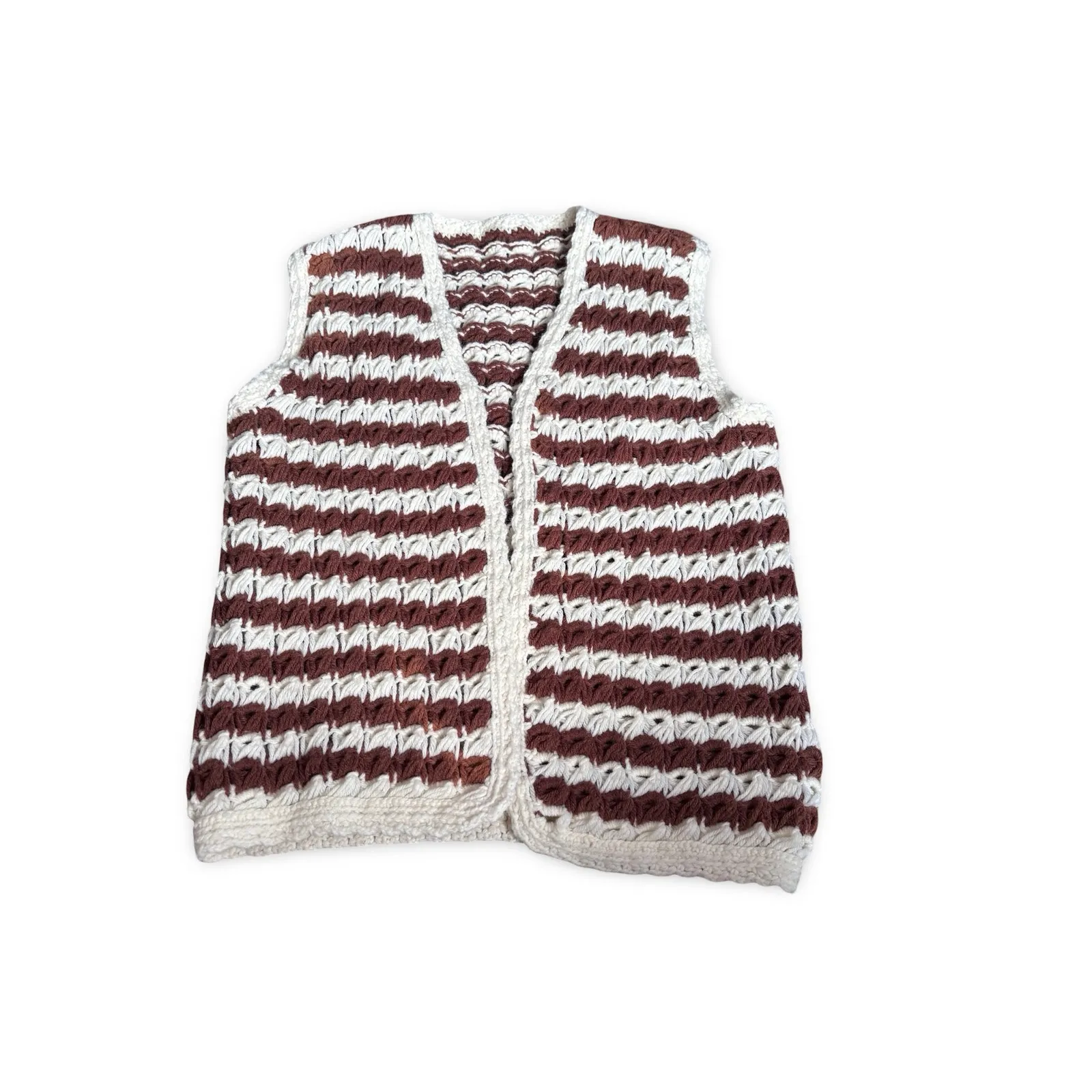 Vintage Handmade Crochet Vest Brown Cream Striped Chunky Knit Boho Layer Cozy Size M - Image 5