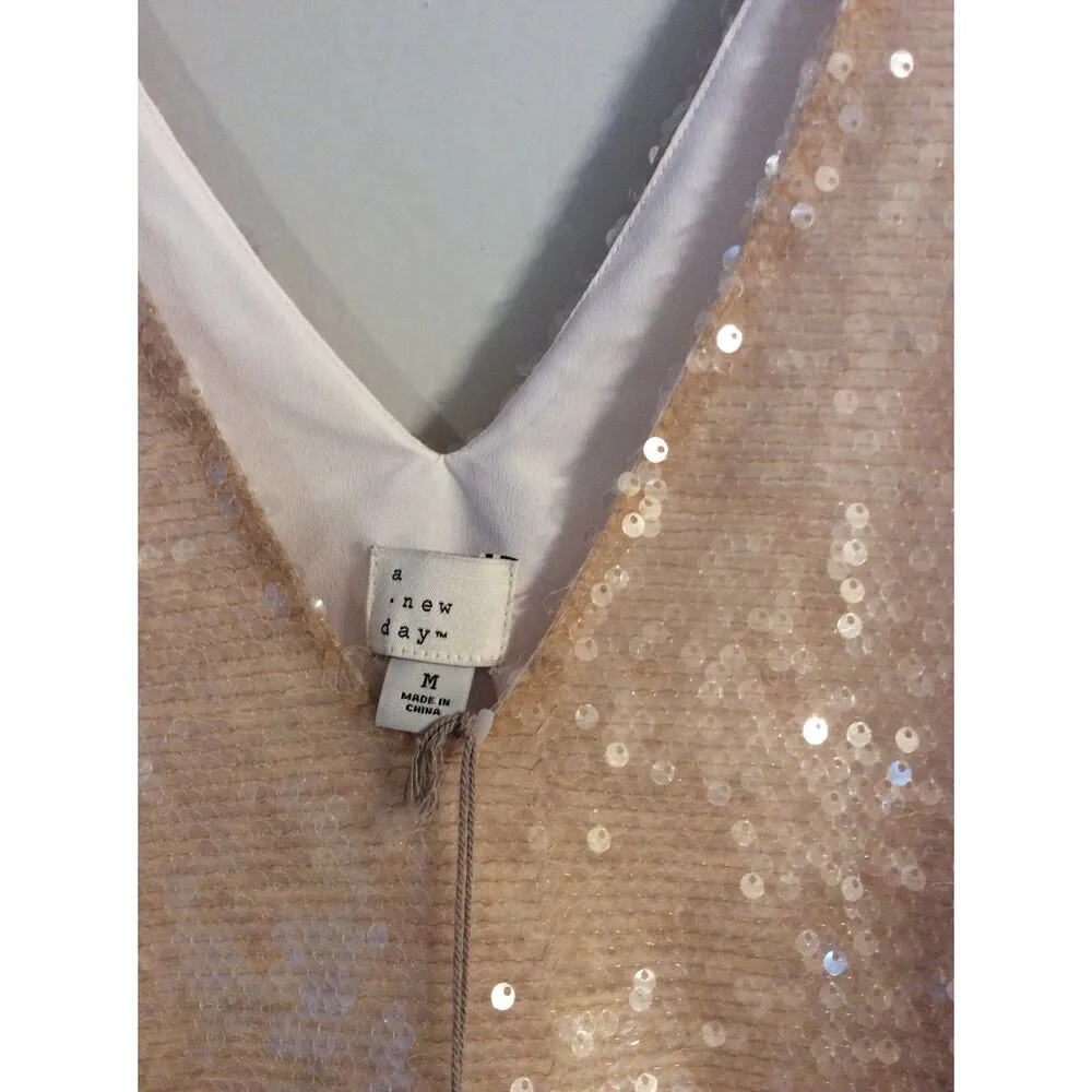 NWT Cream Gold V Neck Womens Dress Bling Rhinestones Medium Lined - Image 4