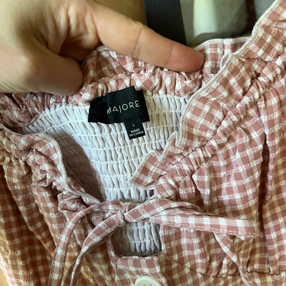 MAJORELLE Gingham dress button down off shoulder sweetheart golden gal bow - Image 6