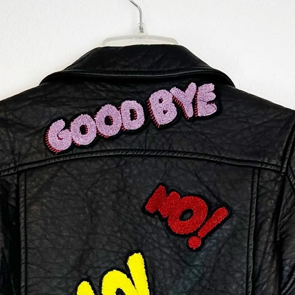Veronica Beard Faux Black Leather Moto Jacket Patches Size 0/XS - Image 7
