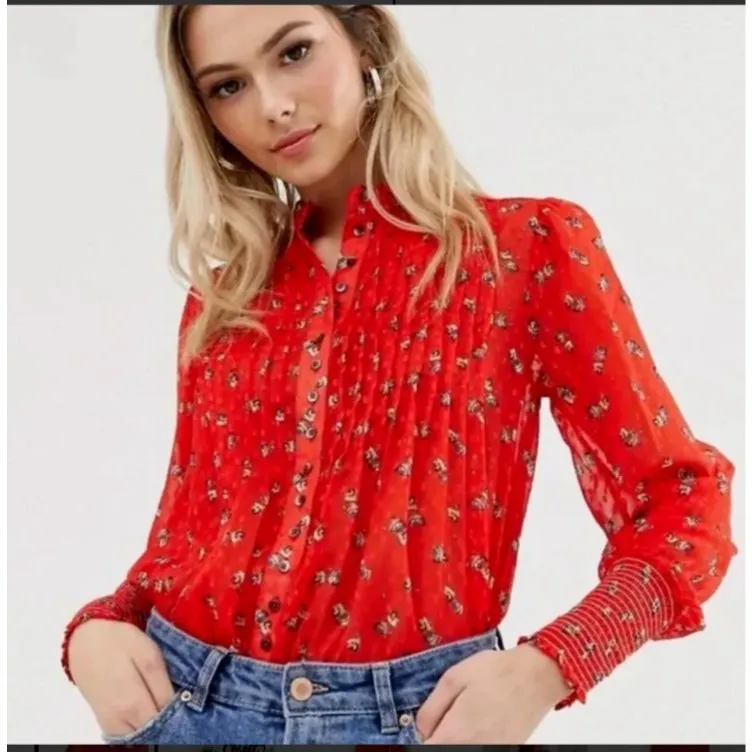 Free People Flowers In December Blouse Top‎ Women's S Red boho Cottagecore sheer - Image 5