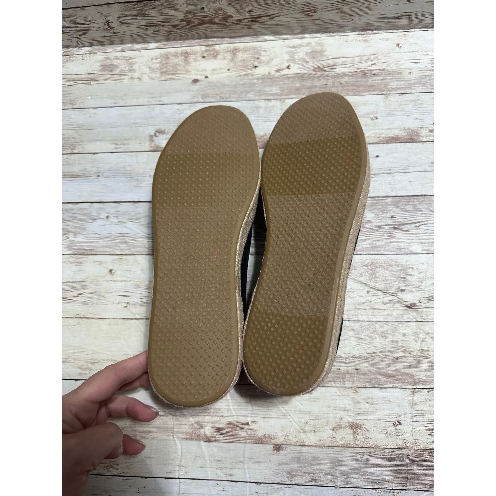 Toms Slip On Canvas Espadrille Shoes Women's Size 10 Black Tan Comfort Platform - Image 9