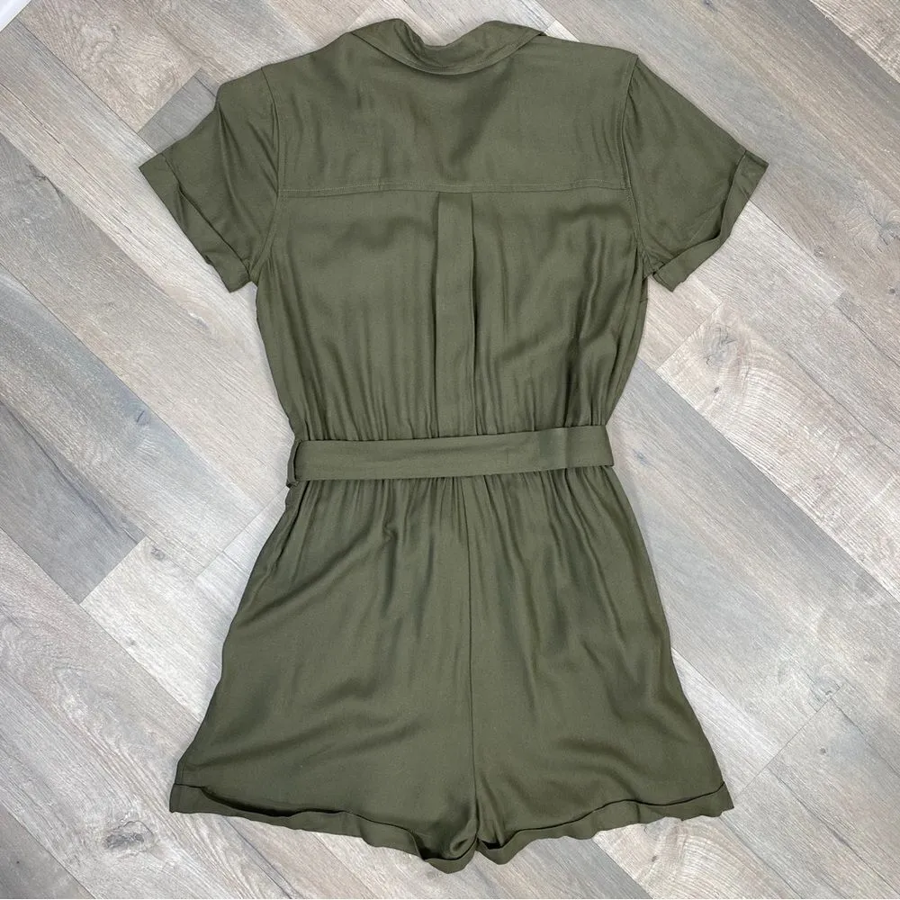 Juniors SO Cuffed Hem Button Front Utility Romper Olive Green Small - Image 10