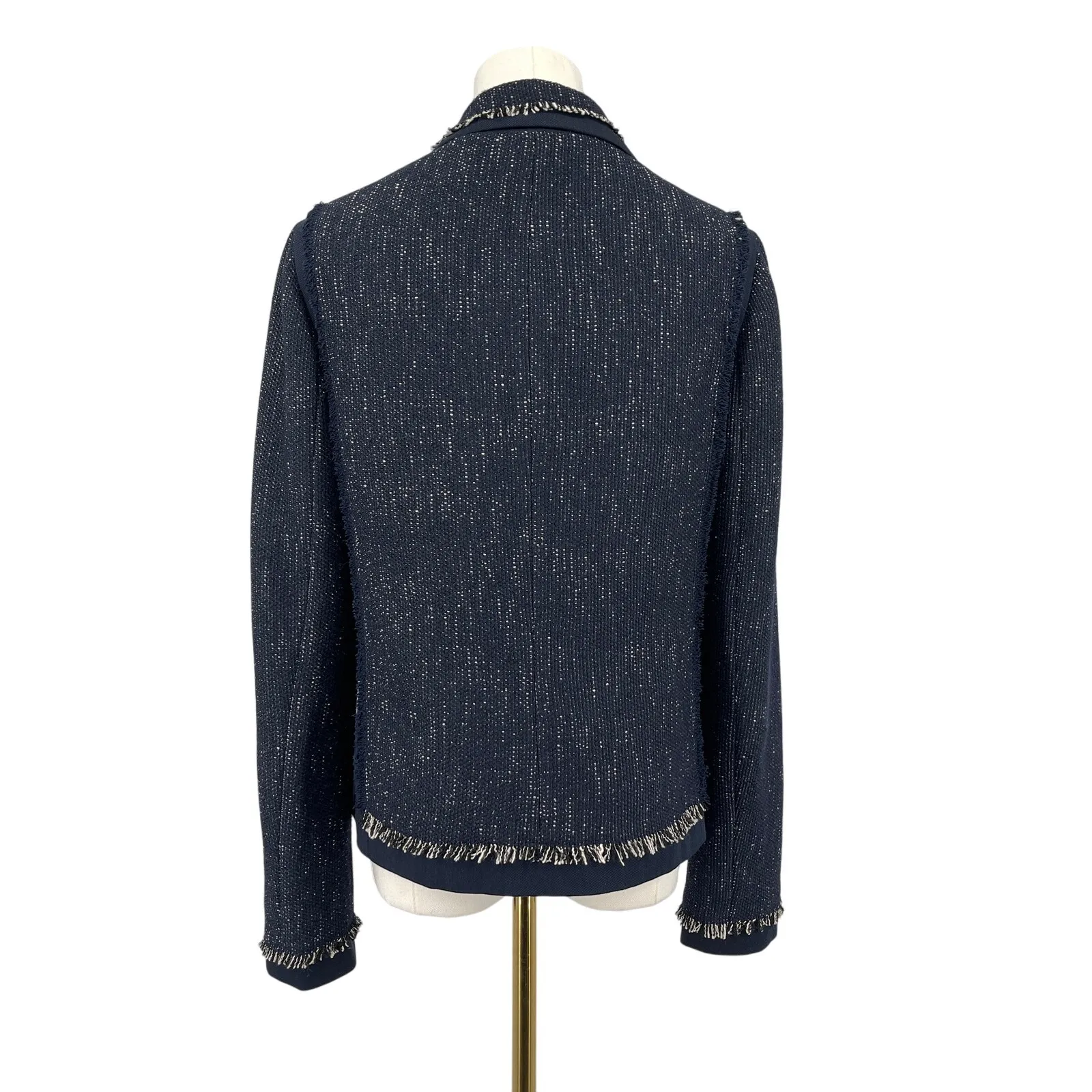 Vince Tweed Fringe Blazer Jacket Women S Navy Blue Open Front Quiet Luxury - Image 6