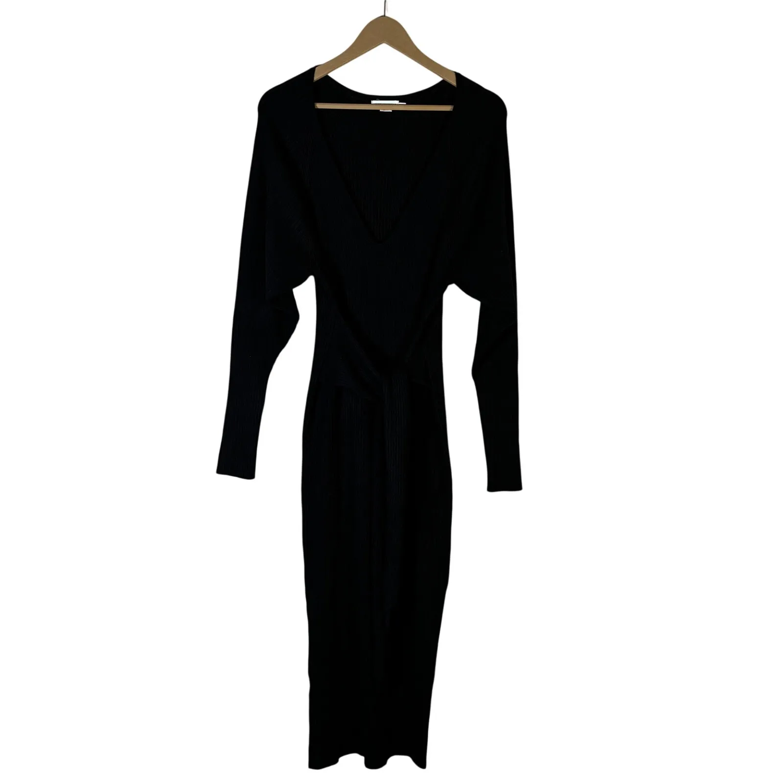 Good American Ribbed Knit Belted Midi Dress Womens S/M Black Bodycon V-Neck Long - Image 2