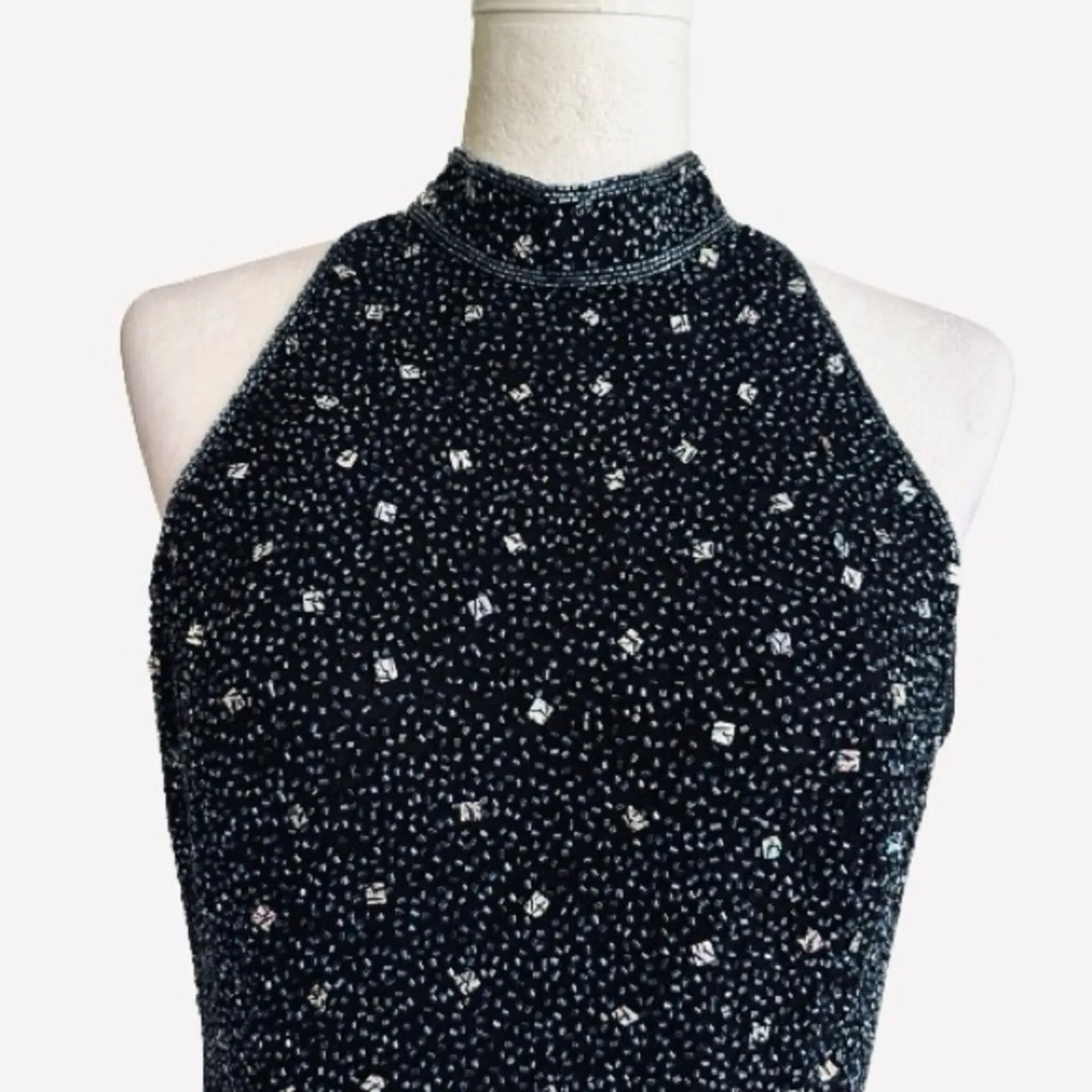 Sean Formal Top Black Blue Beaded Silk High Neck Sleeveless Evening Large NEW - Image 4