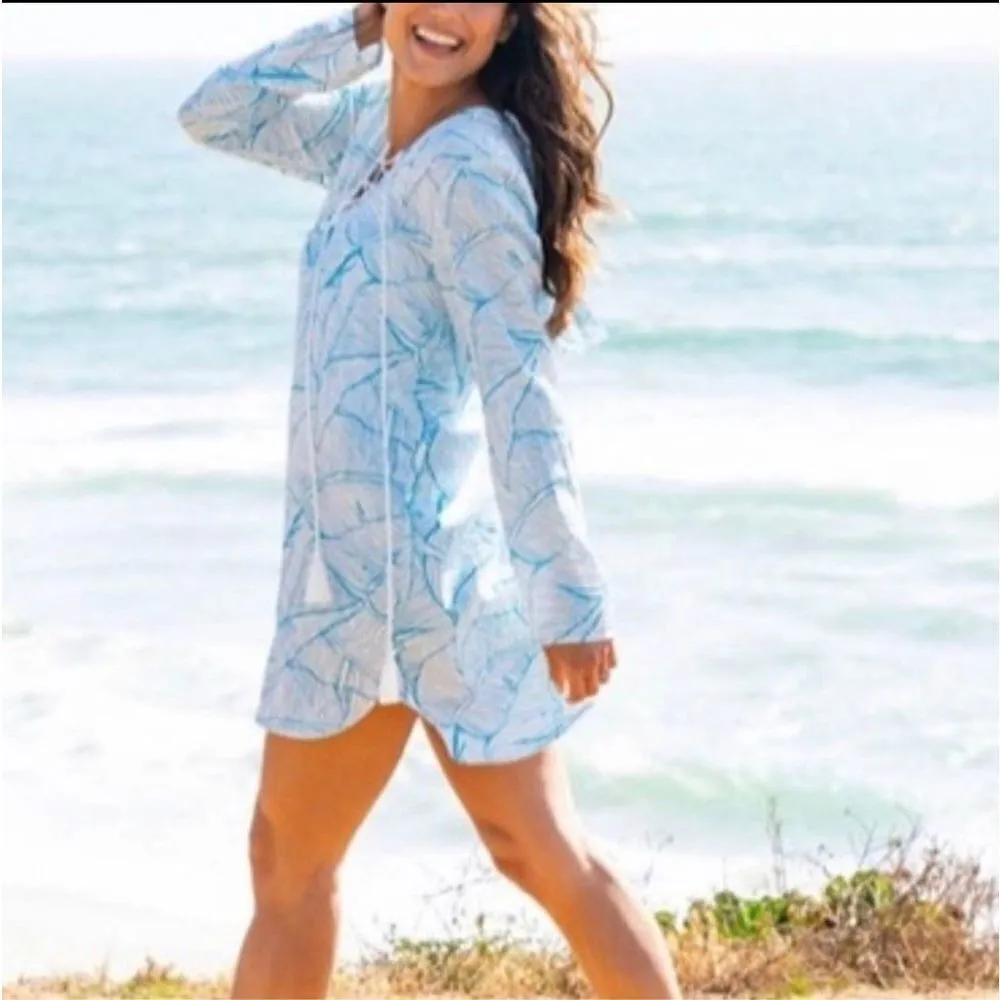 Charlie Holiday Womens Swim Cover Up Long Sleeve‎ Tassel Hooded Blue Size 6 - Image 3