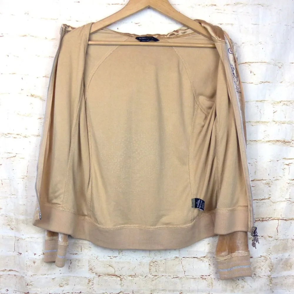 Vtg BCBGMAXAZRIA Y2K Velour Hoodie Track Jacket M Beige Rhinestone Graphic Flame - Image 15