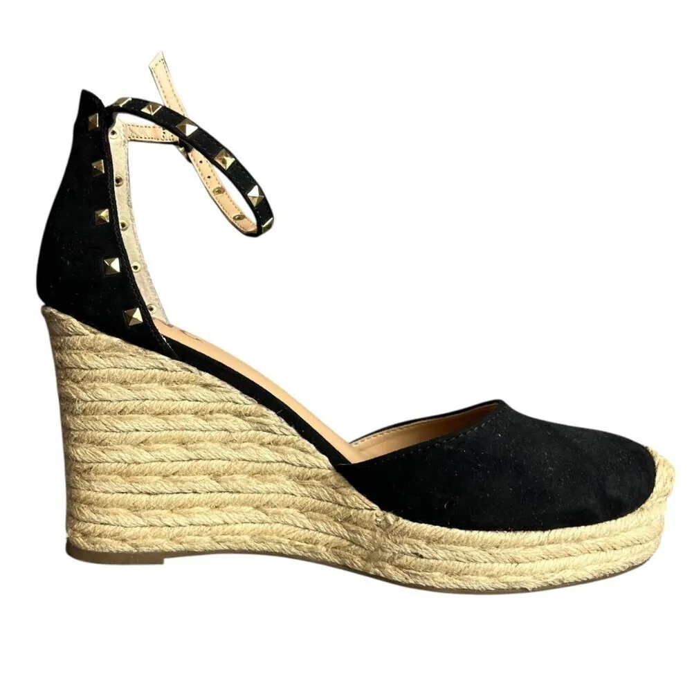 INC Women's Size 10 Espadrille Wedge Heels Beige Black Studded Ankle‎ Strap Edgy Tan - Image 8