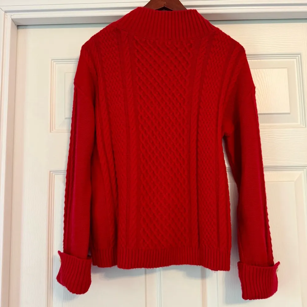 Women's Talbots Red Pop Cable Knit Button Cuff Mockneck Pullover Sweater Size M - Image 3