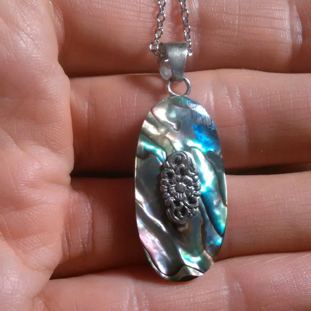 Floral Design Abalone Sterling Silver Pendant Stainless Steel Necklace - Image 11