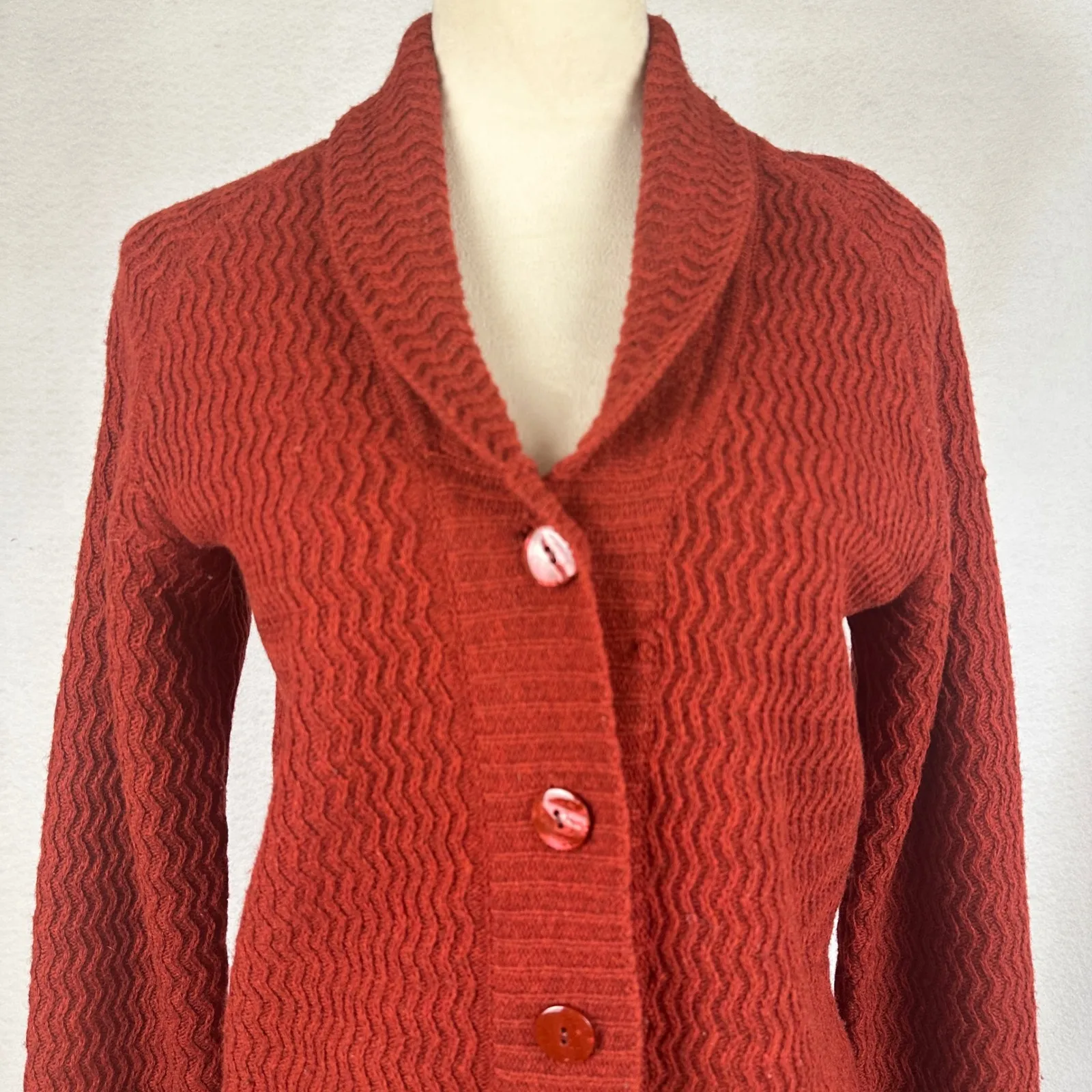 Carole Little 100% Lambswool Cardigan Sweater Womens‎ Large Collar Knit Rust Red - Image 2