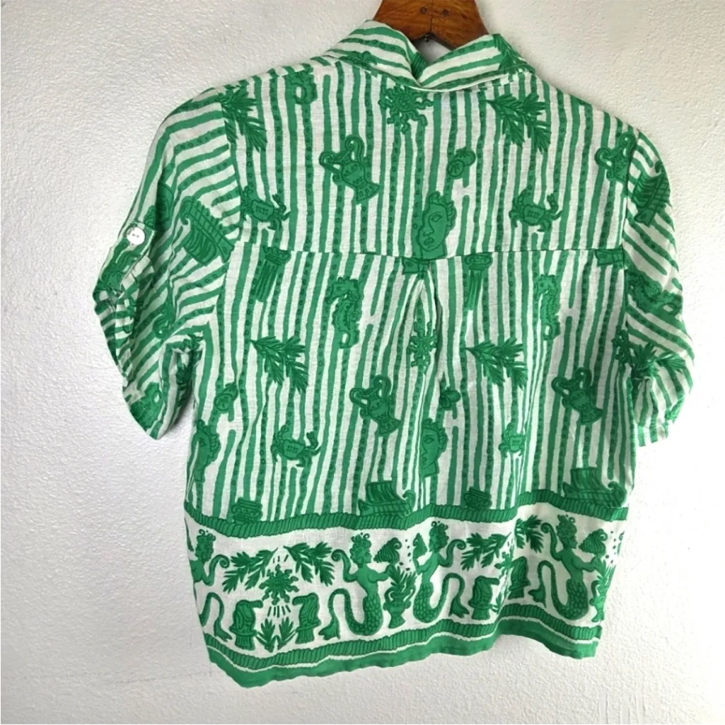 NWT Calypso St. Barth Greek Green and Cream Patterned Blouse size small - Image 3
