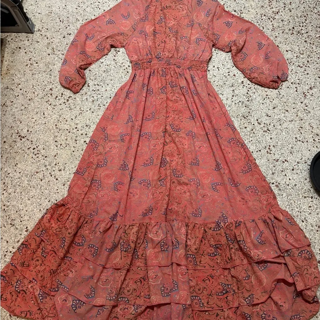 Boemo Anthropologie Revolve Maxi Dress Coral Pink Sz M Ruffle Tiered Long Sleeve - Image 7