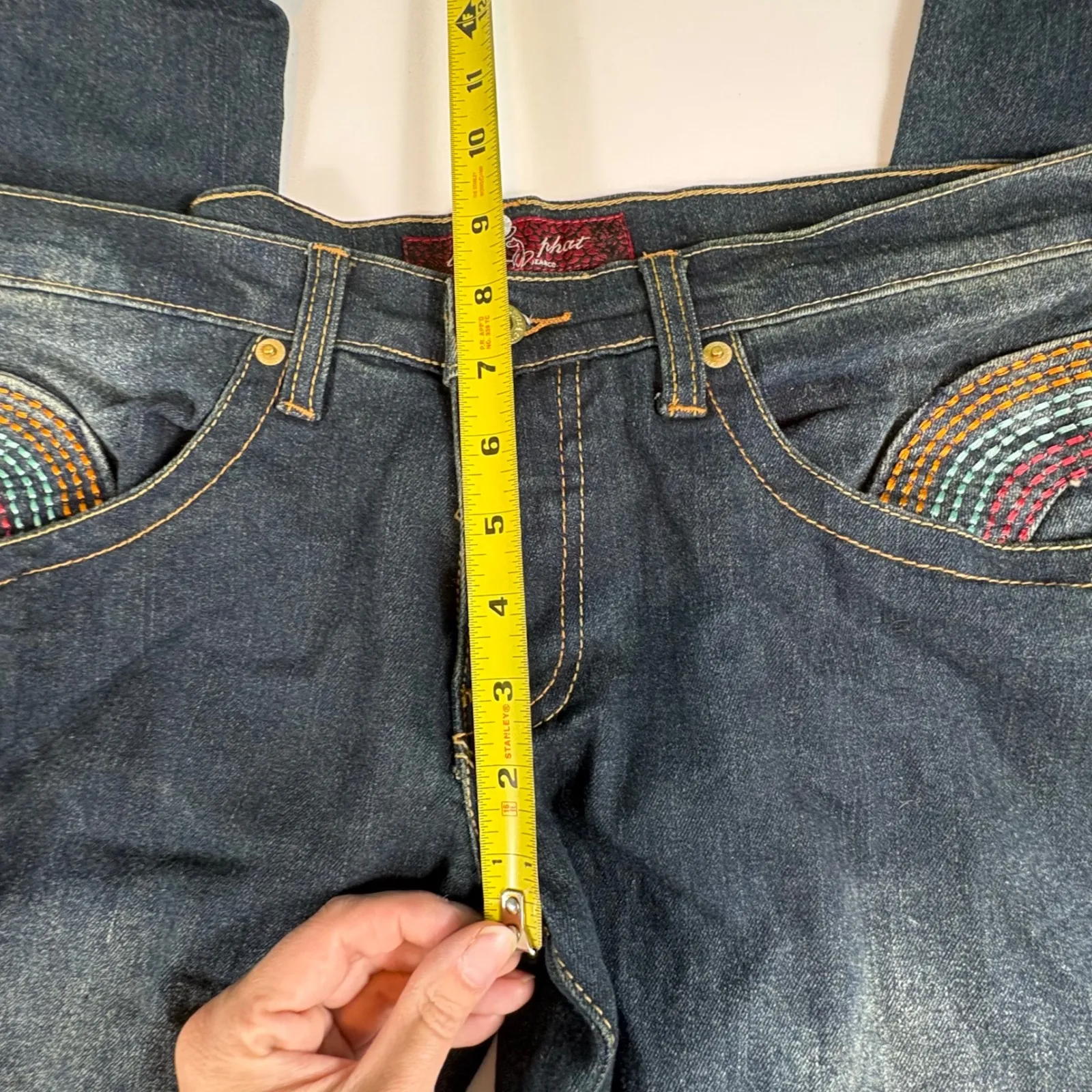 Y2K Baby Phat Jeans Size 15 Rainbow Pocket Flap Embroidered Bootcut Denim - Image 7