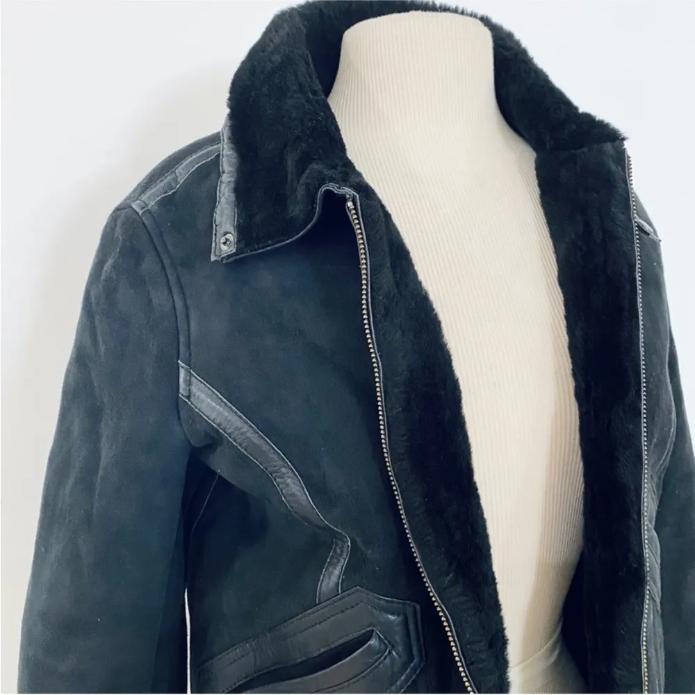 Vintage lamb sheep skin with leather trim bomber jacket - Image 2