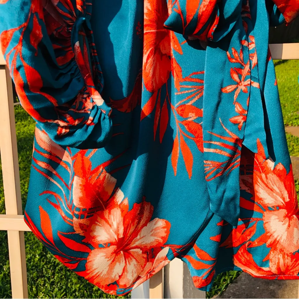 Sweet Lemon TEAL FLORAL SATIN WRAP SHORT DRESS Small Green - Image 9