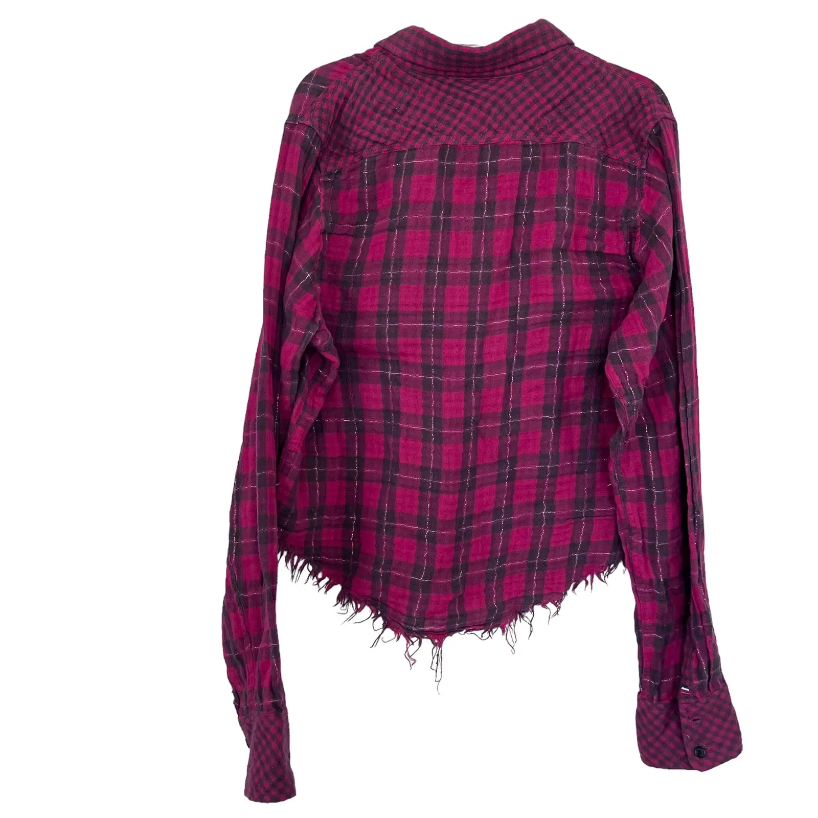 Etienne Marcel Greta Red Plaid Muslin Cotton Button Up Shirt Frayed Hem Small - Image 8