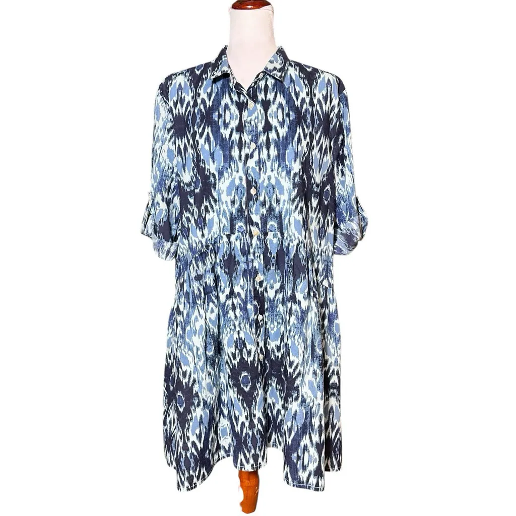 Tuckernuck Ro's Garden Tyla Deauville Blue Ikat Midi Shirt Dress Medium Cotton - Image 4