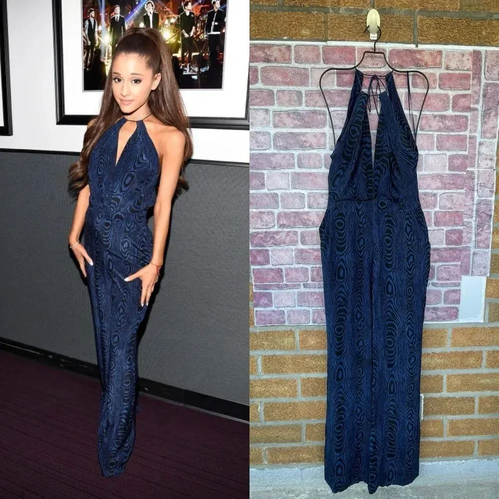 Diane von Furstenberg Blue Black Wood Grain Print Silk Jumpsuit Sz 4 - Image 4