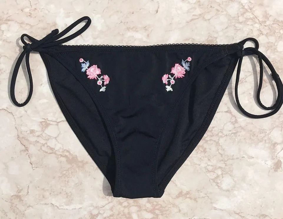 Black and Pink  Floral Embroidered String Bikini Bottoms - Image 2
