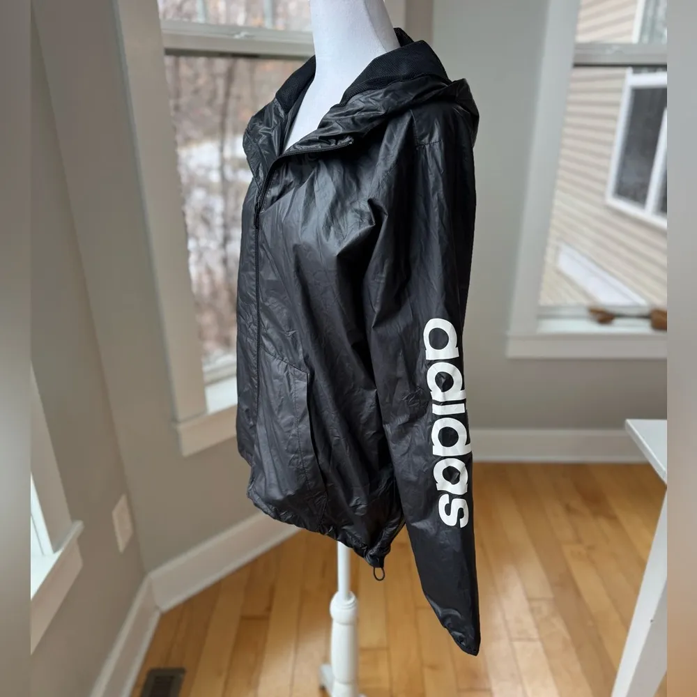 Adidas Black White Logo Hooded Windbreaker Jacket Size Medium - Image 2