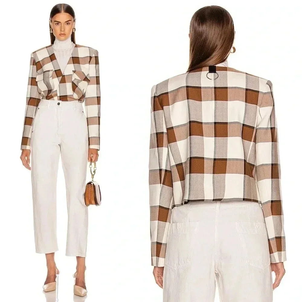 Tibi Dylan Plaid Cream Cropped Jacket Blazer in Ivory Camel Size 12 - Image 9