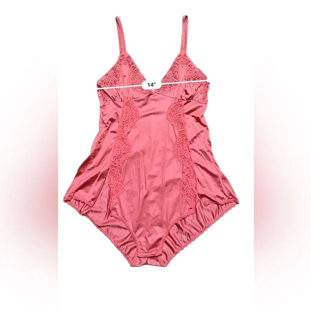 Vintage 80s Blush Nylon Satin Lace Coral Teddy Made In USA Size Large Lingerie - Image 6