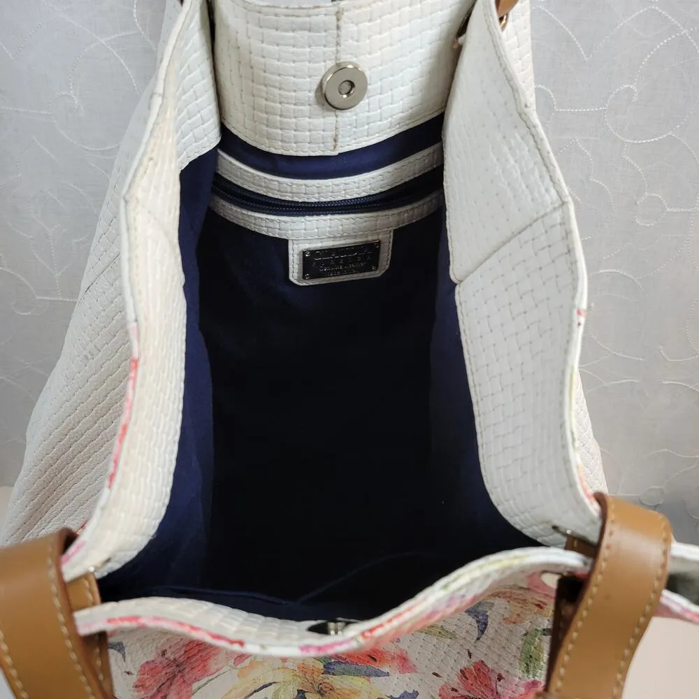 Claudia Firenze Womens Iris Tote Bag White Pink Floral Woven Leather Purse Italy - Image 4