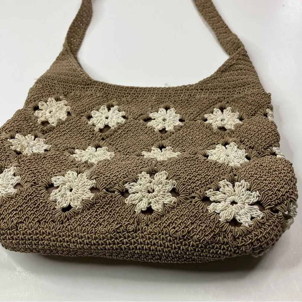 Woven Tan Crochet Floral Olefin Cotton Summer Shoulder Bag Purse - Image 2