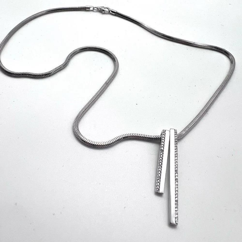 Sterling Silver‎ & Diamond linear Pendant Rope Chain Necklace Silver - Image 3