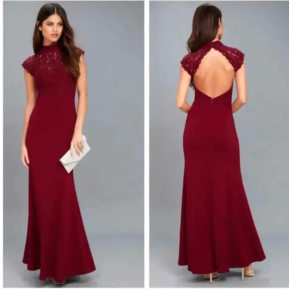 Lulu's Crazy About You Burgundy Lace Backless‎ Maxi Dress Gown Formal Size Small - Image 2