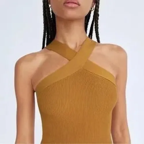 Babaton Sculpt Knit Criss-Cross Dress (Dark Mustard, Size L): - Image 2
