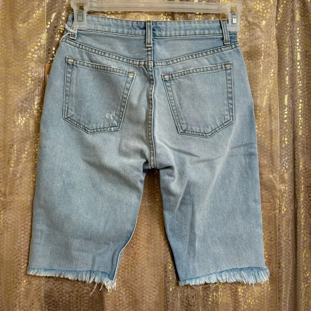 Reformation Light Blue Mid Rise Bermuda Light Distressed Shorts Size 25 NWT - Image 2
